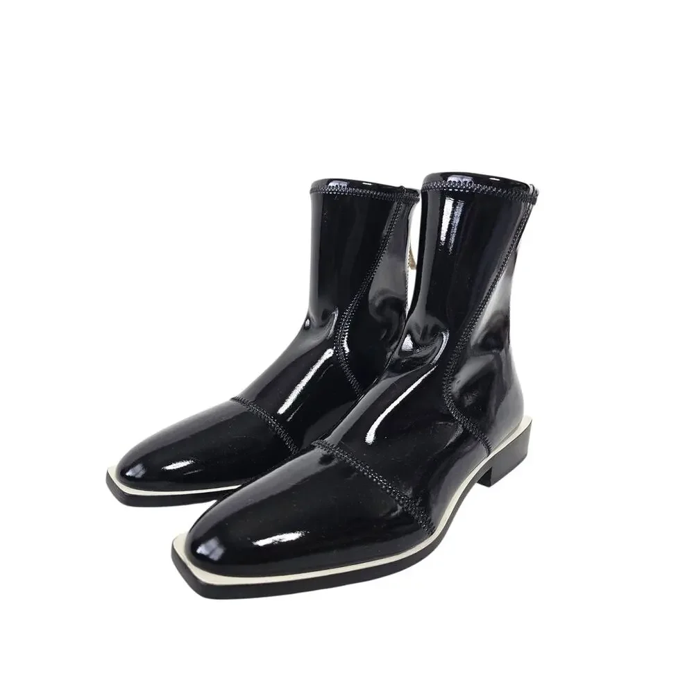 Fendi Glossy Neoprene F-Frame Ankle Boots Black 39.5 US 9.5 Square Toe